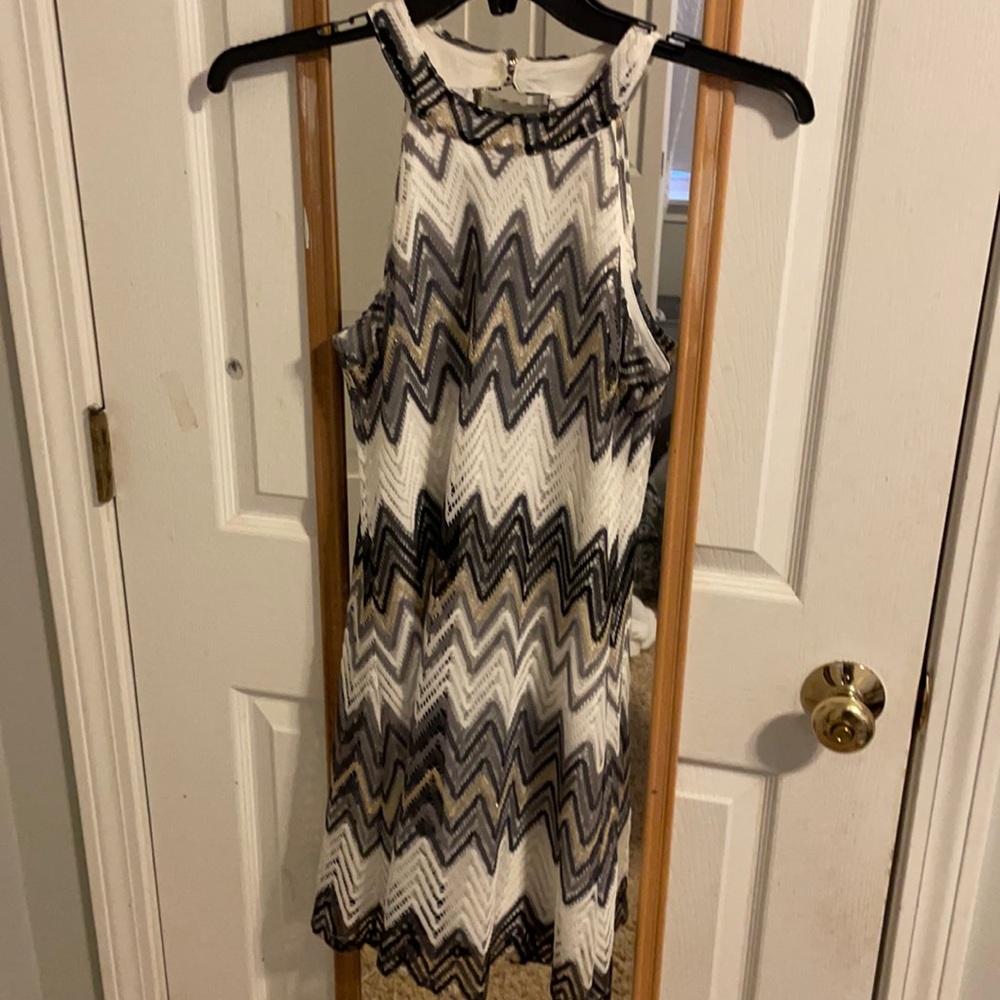 Formal dress, white, gray and gold coloring